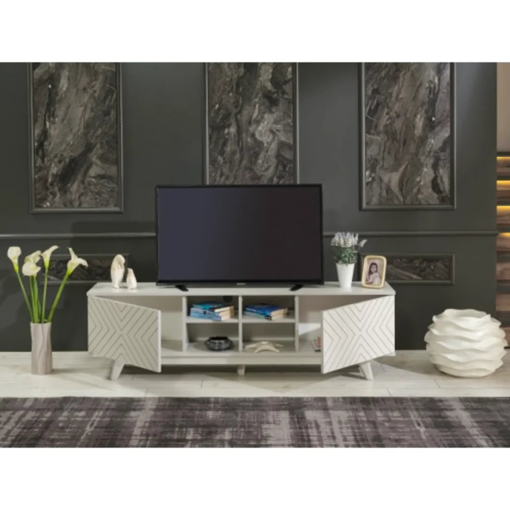 Mid Century Modern Tv Stand 2 Door Cabinet 4 Cubby Hole Shelves 67 inch Tv Unit, Grey S4401