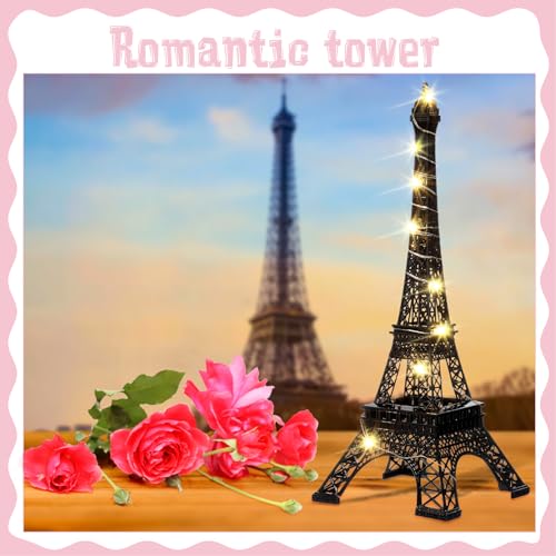 Black Metal Eiffel Tower Statue Decor 15 Inch 10 Inch Figurine Cake Topper with 2 Light Strings R691666