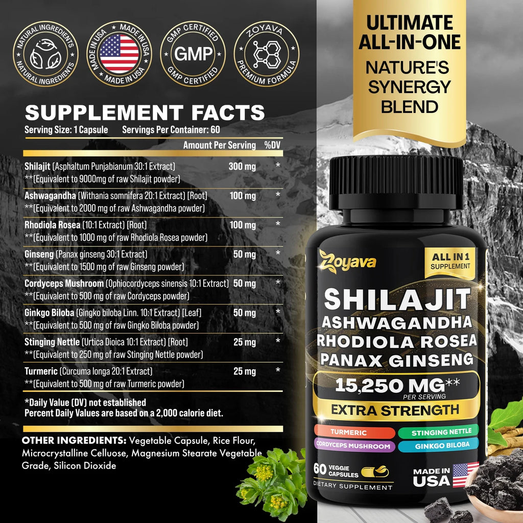 Shilajit Ashwagandha Rhodiola Rosea Panax Ginseng Turmeric Gingko Biloba Stinging Nettle Cordyceps Mushroom P959033
