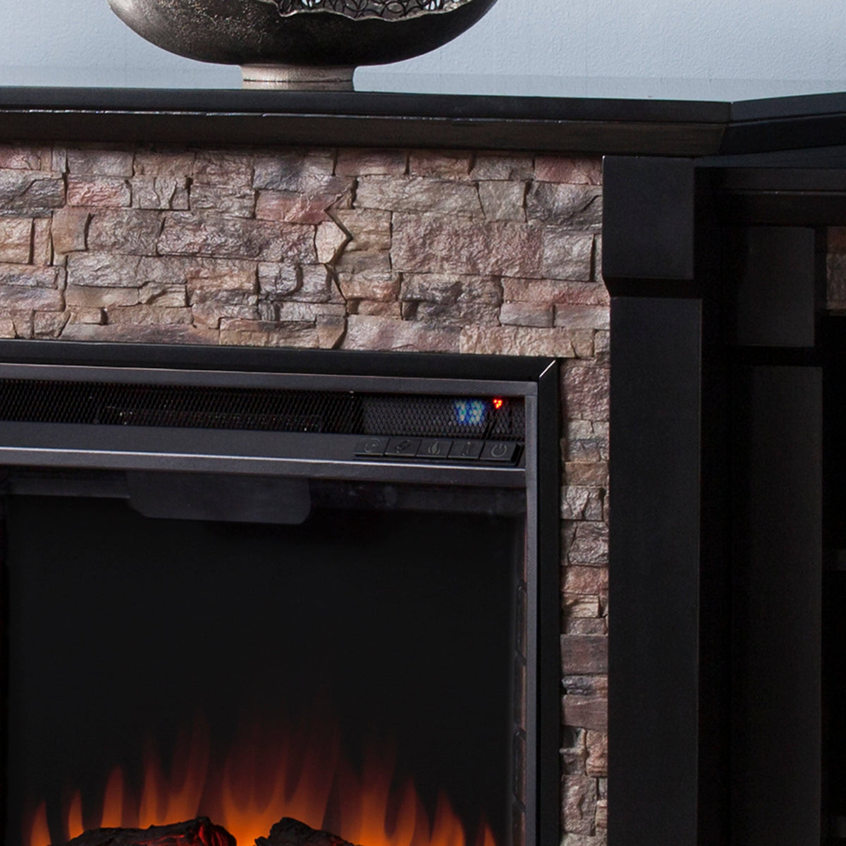 Black Faux Stone Electric Fireplace with Bookcases N72108