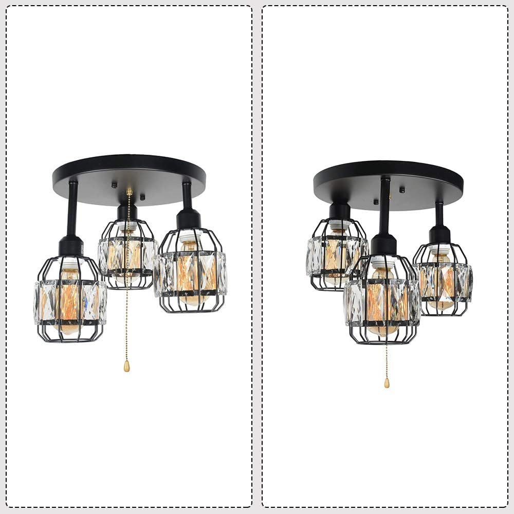 Black Metal Round Semi Flush Mount Ceiling Light with Pull Chain 3 Lights E26 L35696