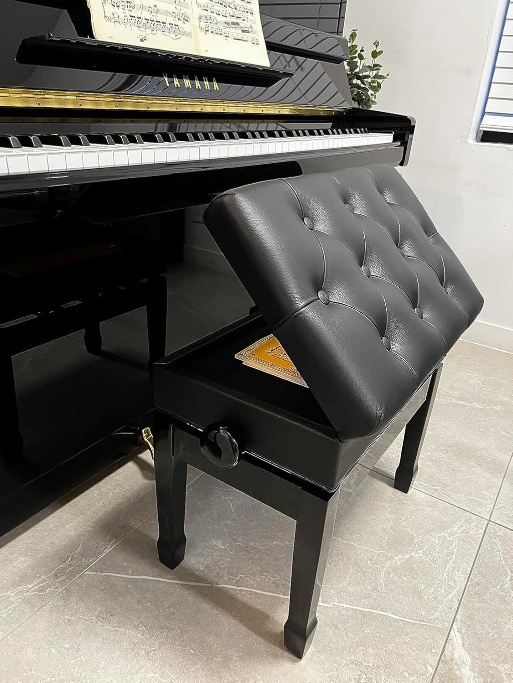 Ebony Adjustable Artist Piano Bench with Music Storage E55286