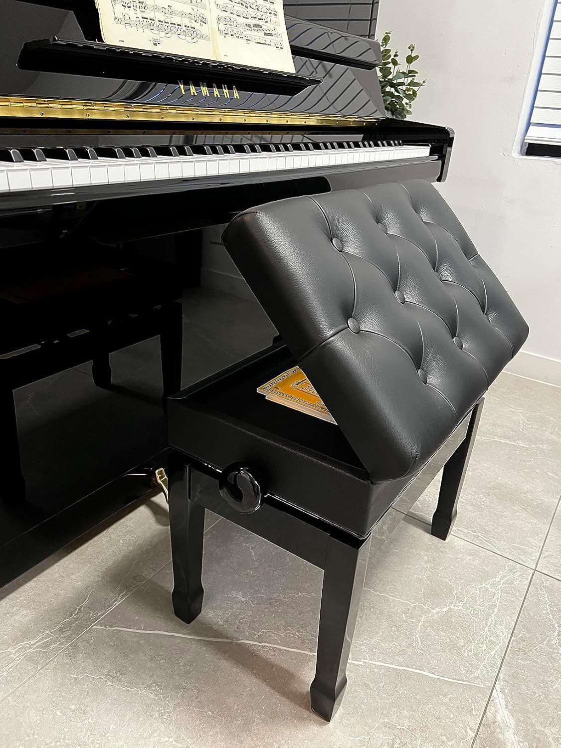 Ebony Adjustable Artist Piano Bench with Music Storage E55286