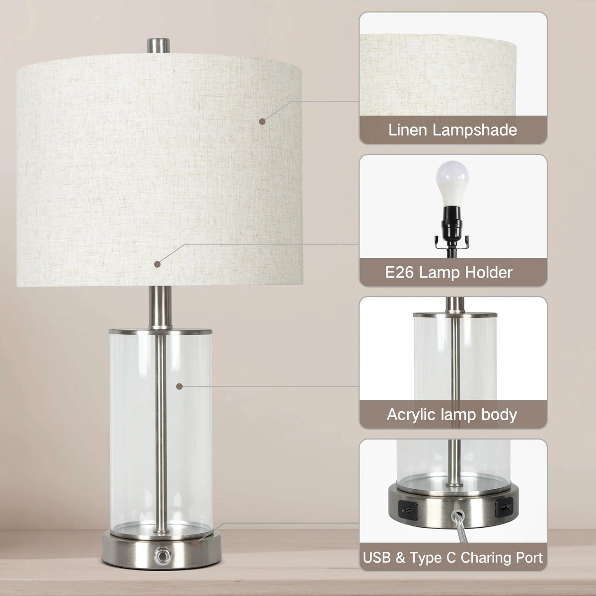 21.5" Modern Table Lamps Set of 2, 3 Way Dimmable Touch Lamps with USB C+A W92777