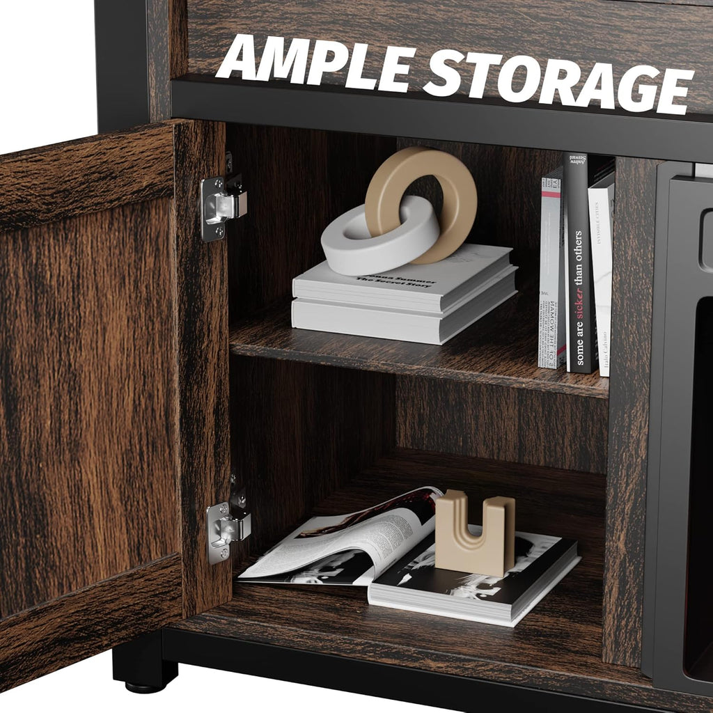 Industrial Rustic Electric Fireplace TV Stand with Open Storage Shelves and 2 Cabinets L686