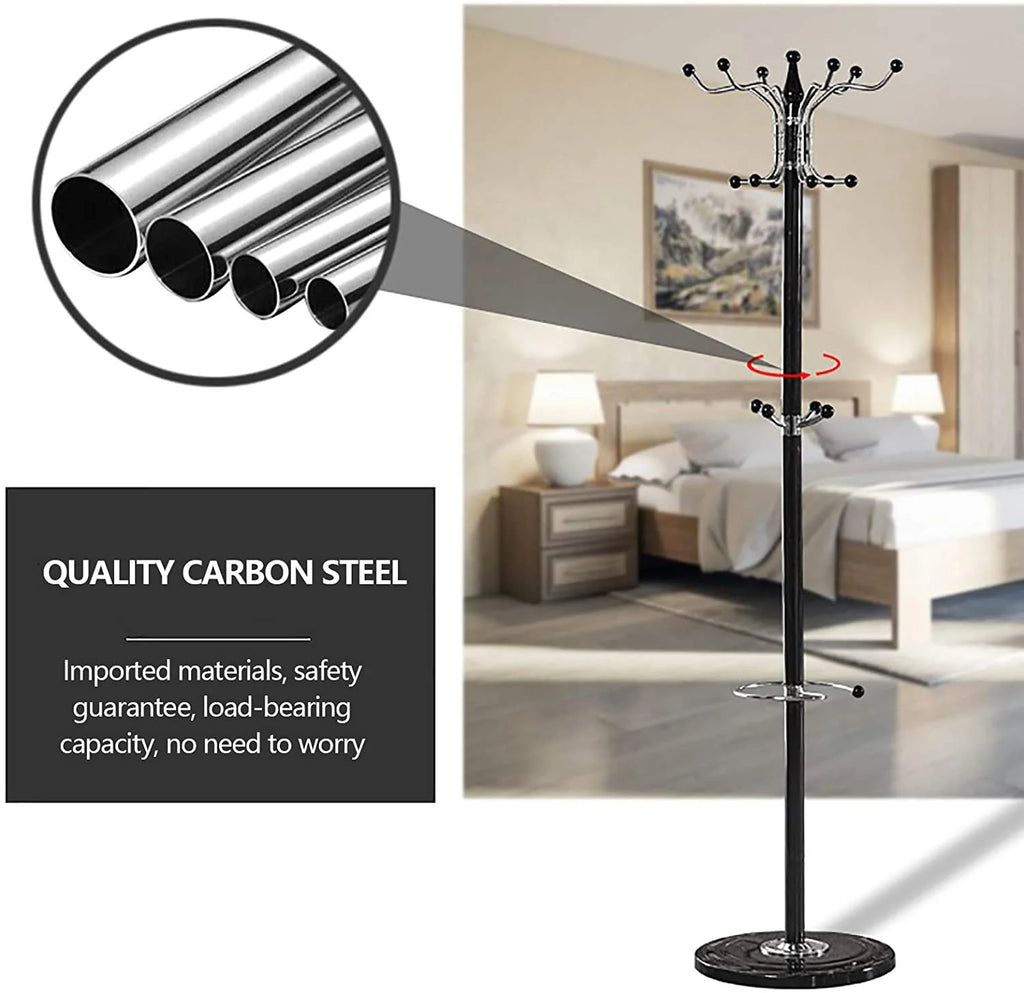 Black Metal Coat Tree with 16 Hooks and Marble Base A40163