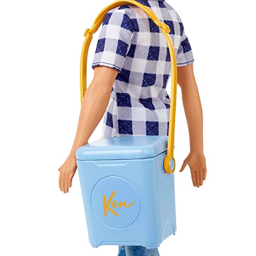 Camping Set with Blonde Ken Doll in Plaid Shirt & Accessories Including Cooler, Map H968832