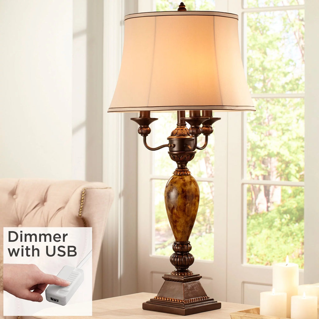 Traditional Table Lamp with White USB Dimmer Cord 37" Tall Bronze Golden Marbleized White Shade K6915