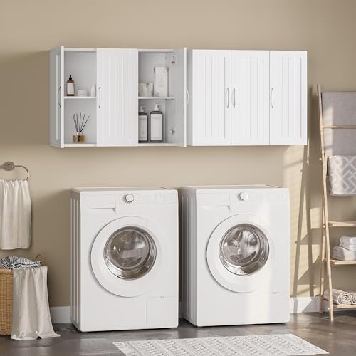 White Bathroom Wall Cabinet with Three Doors and Adjustable Shelf E662869