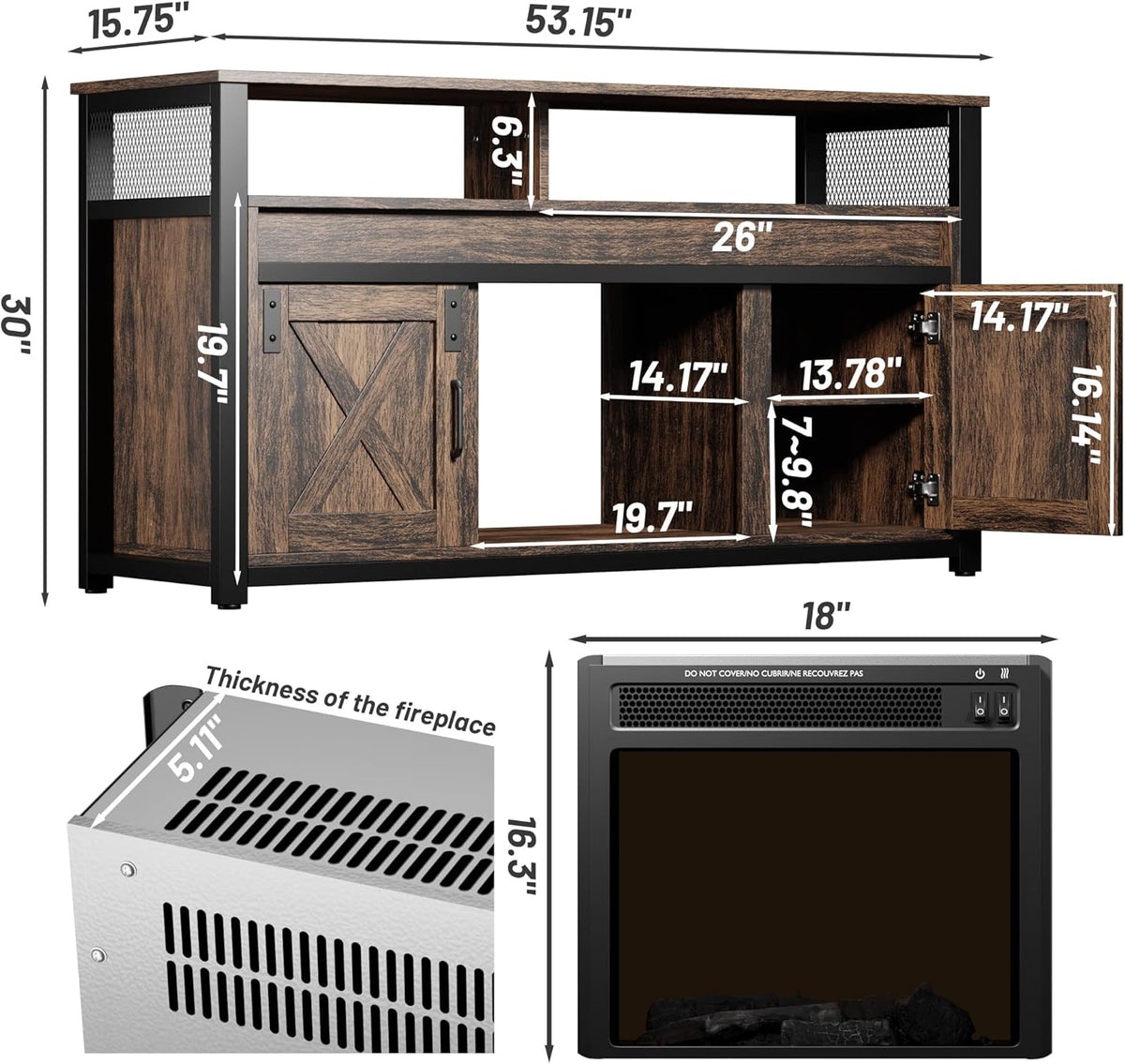 Industrial Rustic Electric Fireplace TV Stand with Open Storage Shelves and 2 Cabinets L686