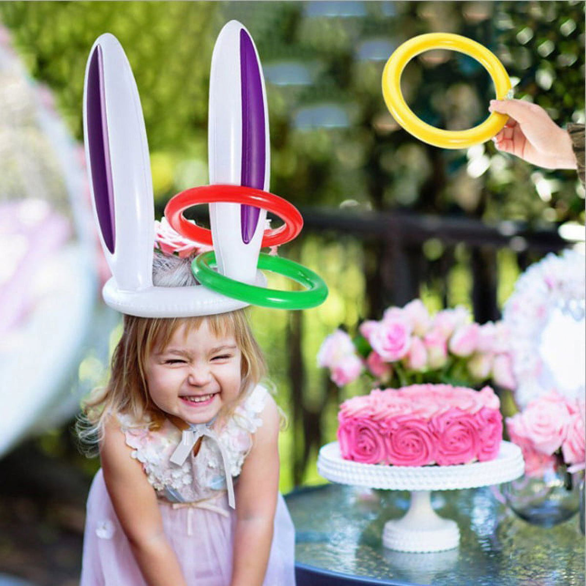 Inflatable Easter Bunny Hat with 4 Rings Wearable Toss Toy F211109