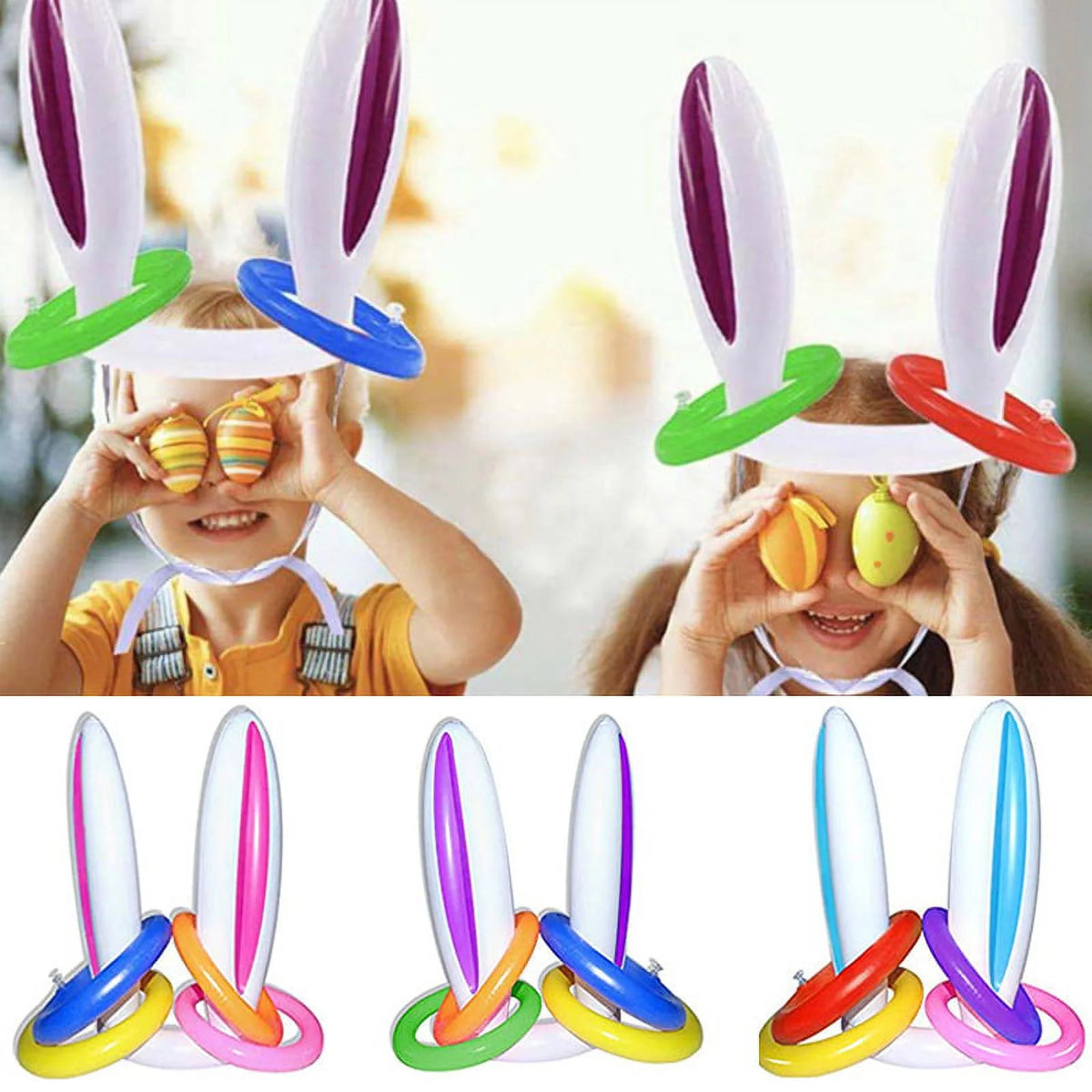 Inflatable Easter Bunny Hat with 4 Rings Wearable Toss Toy F211109