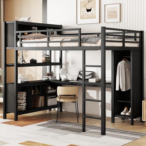 Full Size Black Metal Loft Bed with Wardrobe and Desk U56291