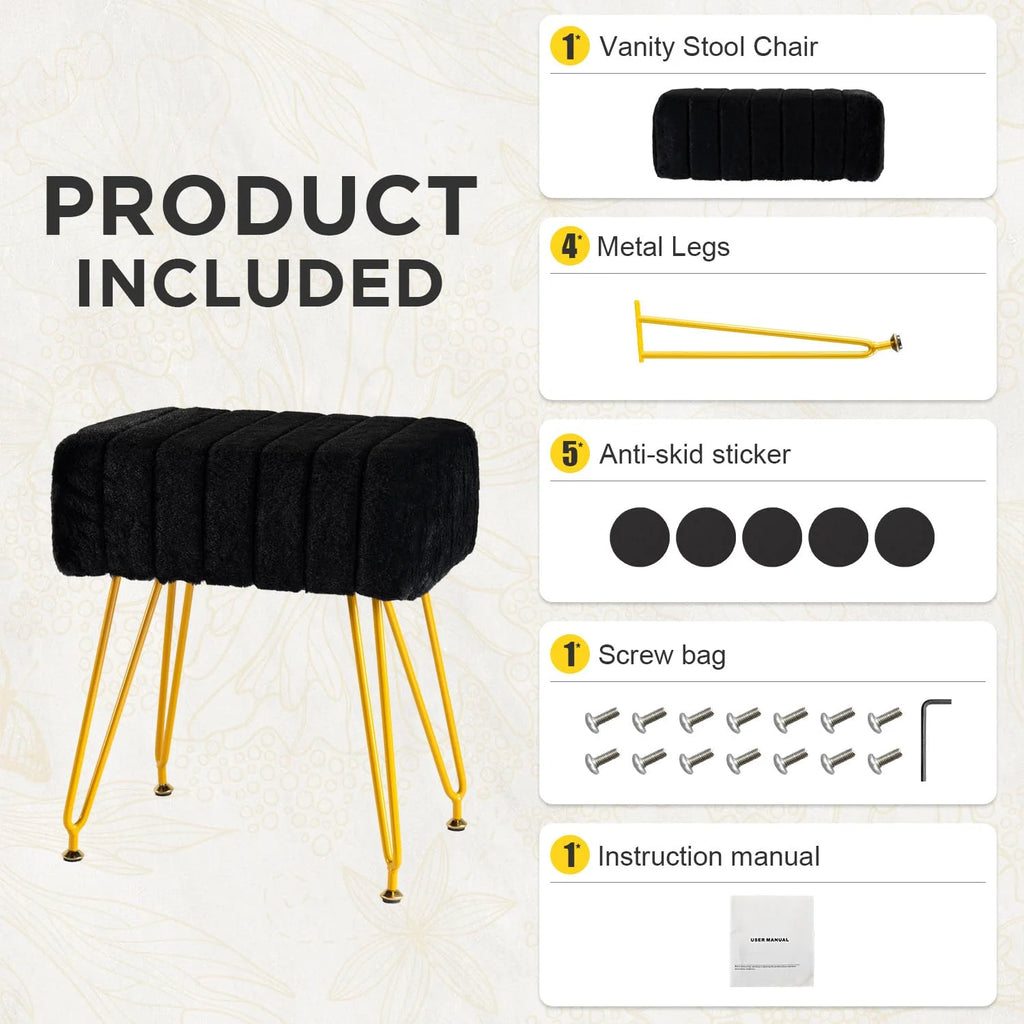 Black Faux Fur Vanity Stool with Golden Metal Legs C23833