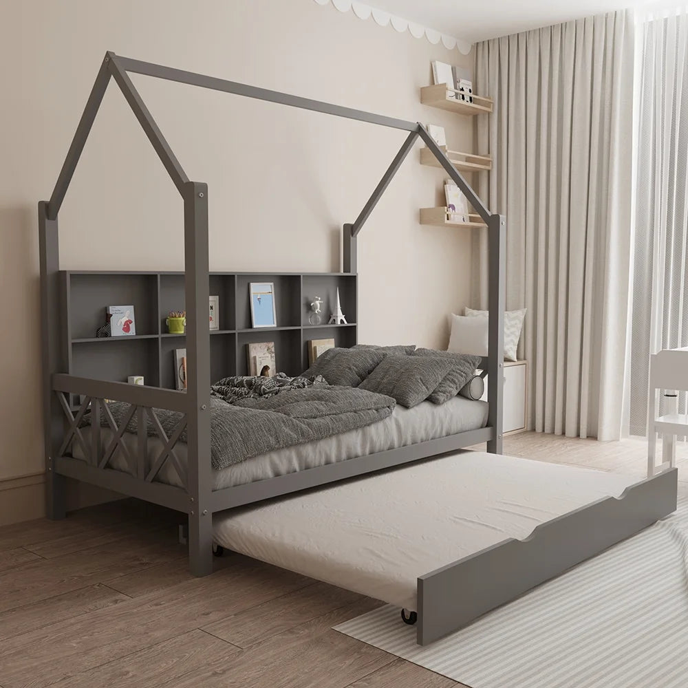 Twin House Bed with Trundle and Storage Shelve E347241