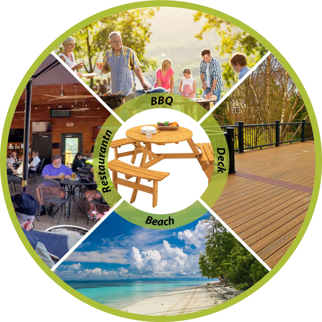 6-Person Circular Wooden Picnic Table with 3 Built-in Benches V97946