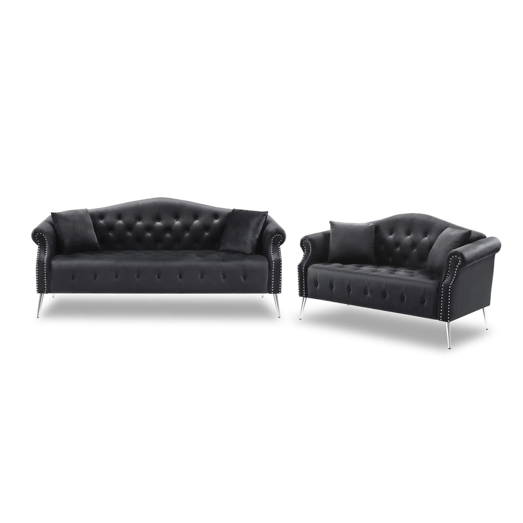 Black Velvet Chesterfield Sofa with 4 Pillows M3881
