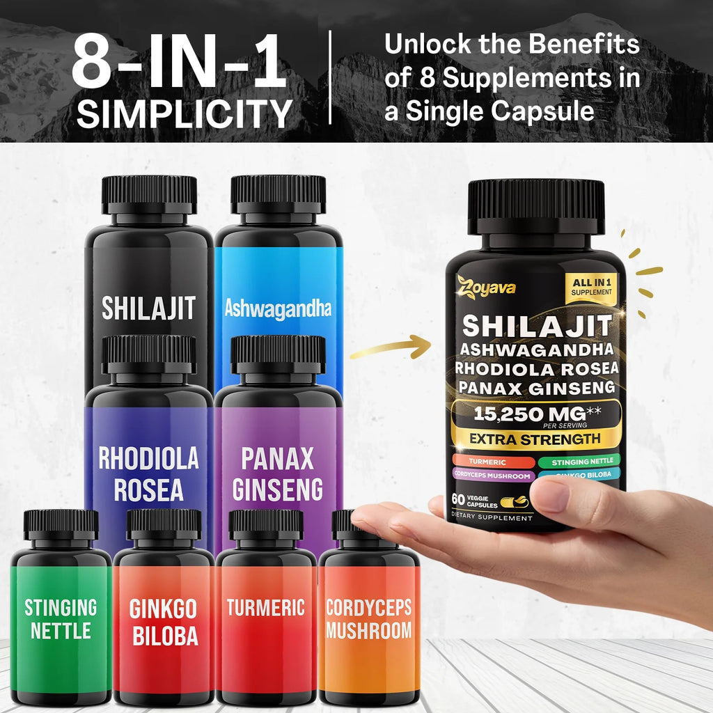 Shilajit Ashwagandha Rhodiola Rosea Panax Ginseng Turmeric Gingko Biloba Stinging Nettle Cordyceps Mushroom P959033