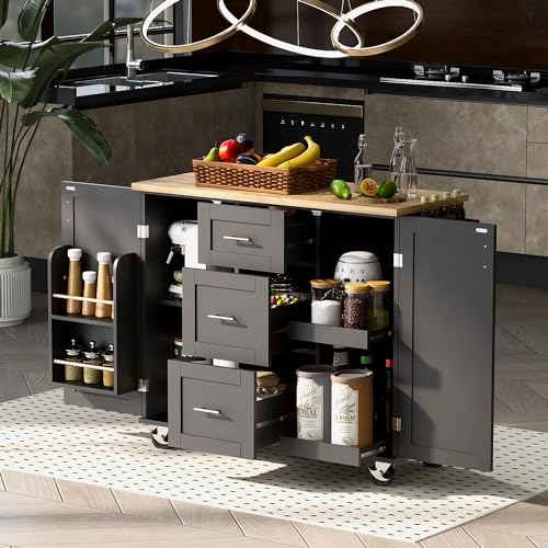 Grey Blue Rolling Kitchen Cart with 3 Drawers and Rubber Wood Top G51753