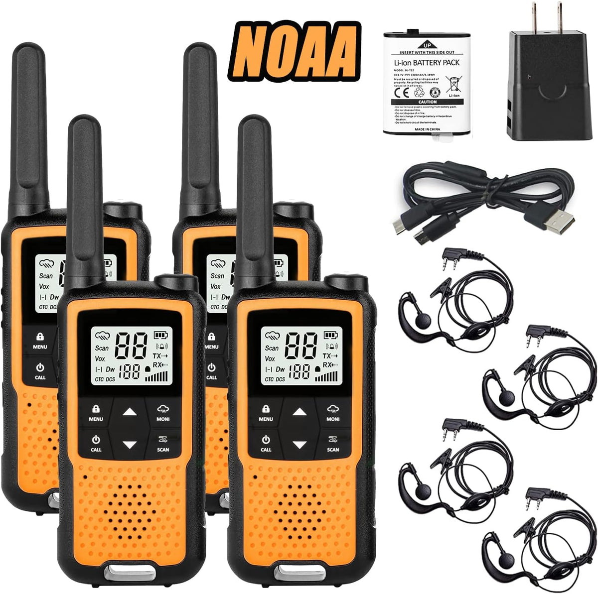 Orange 4 Pack Rechargeable NOAA Walkie Talkies with Earpiece and Mic Y30705