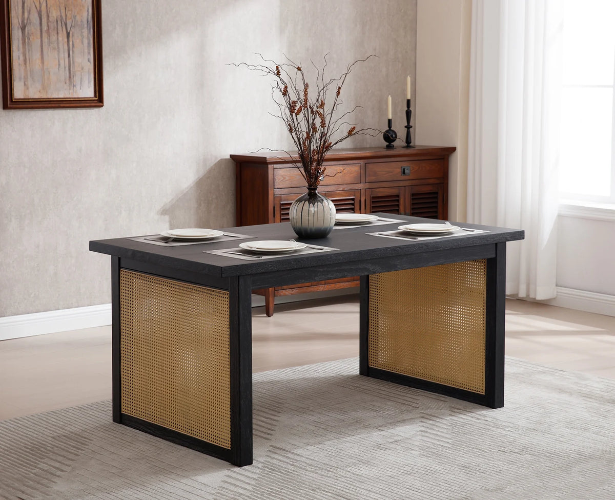 63" Solid Wood Rectangular Dining Table with Rattan Legs E306026