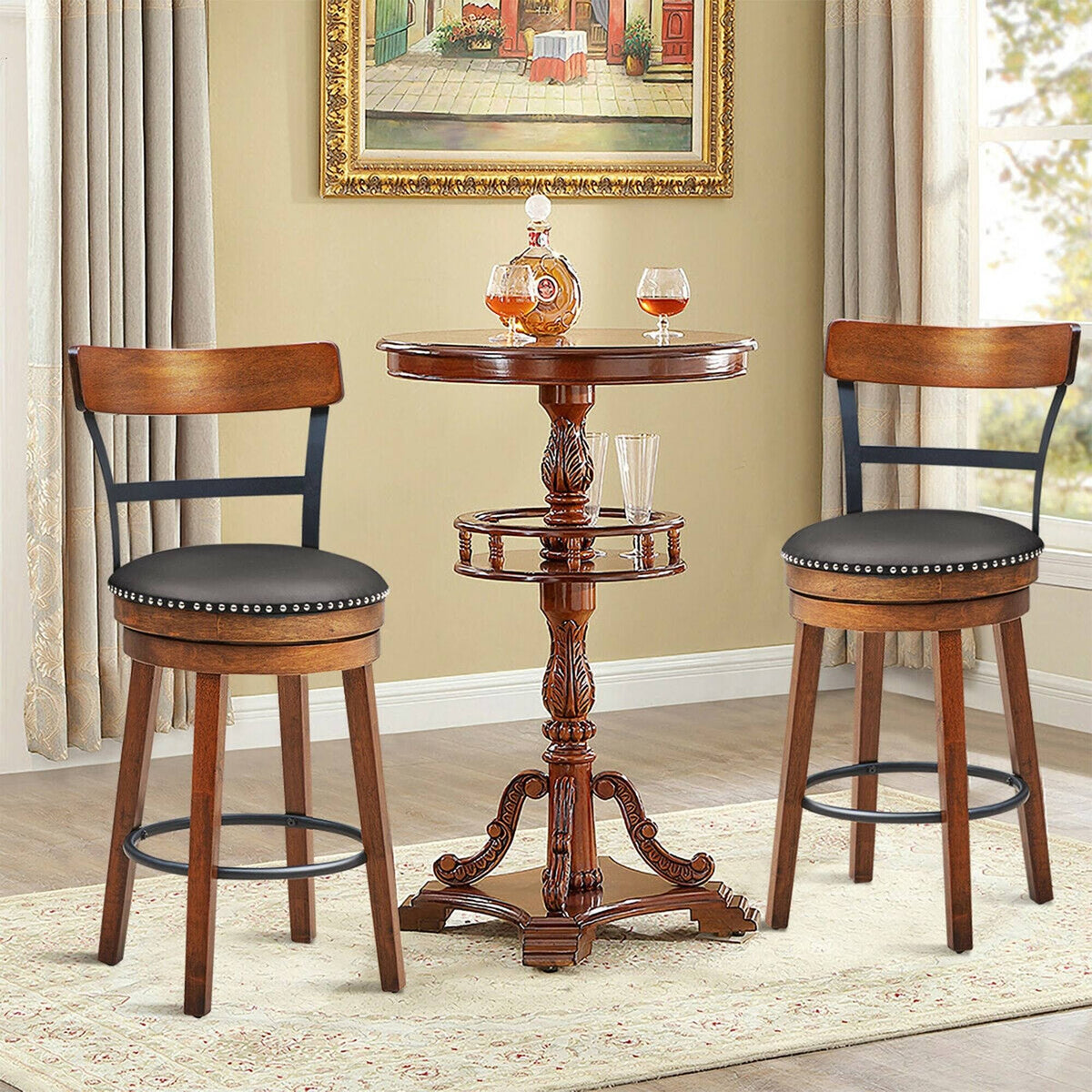 Set of 2 Swivel Counter Height Dining Chair with Rubber Wood Legs, Brown L4690