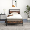Queen Size Metal Platform Bed Frame with Wooden Headboard and Footboard, Black B382936