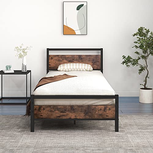 Queen Size Metal Platform Bed Frame with Wooden Headboard and Footboard, Black B382936