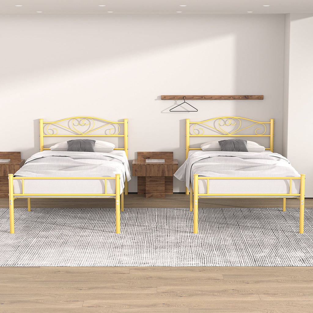 Set of 2 Twin Size White Metal Platform Bed Frame with Headboard M199