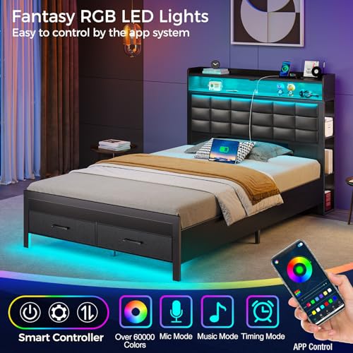 Black Full Size Upholstered Platform Bed Frame with Storage Headboard and 2 Drawers P67277