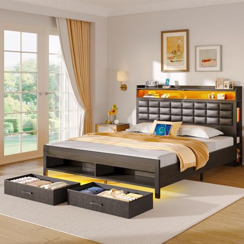 Black Full Size Upholstered Platform Bed Frame with Storage Headboard and 2 Drawers P67277