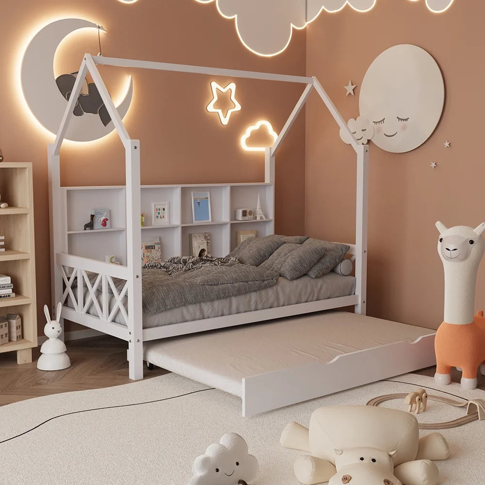 Twin House Bed with Trundle and Storage Shelve E347241
