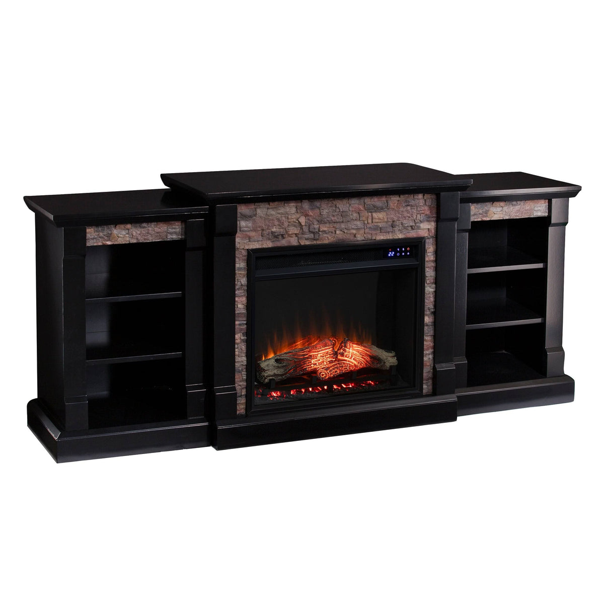 Black Faux Stone Electric Fireplace with Bookcases N72108