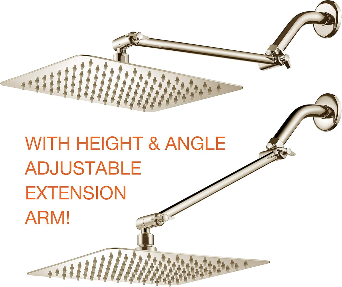 Brushed Nickel Stainless Steel Rainfall Square Showerhead with Brass Extension Arm, Pack of 2 T441985