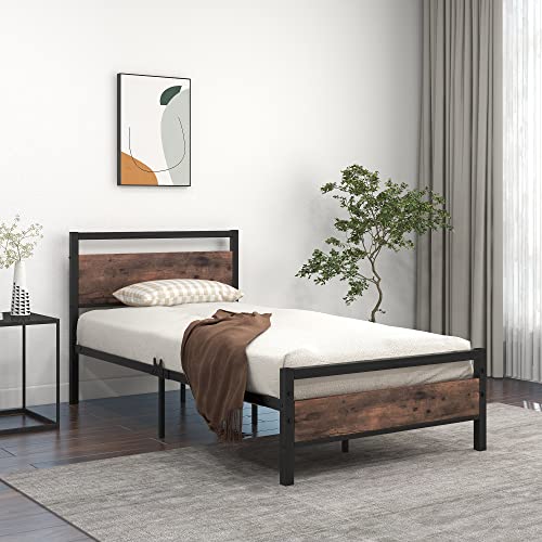 Queen Size Metal Platform Bed Frame with Wooden Headboard and Footboard, Black B382936