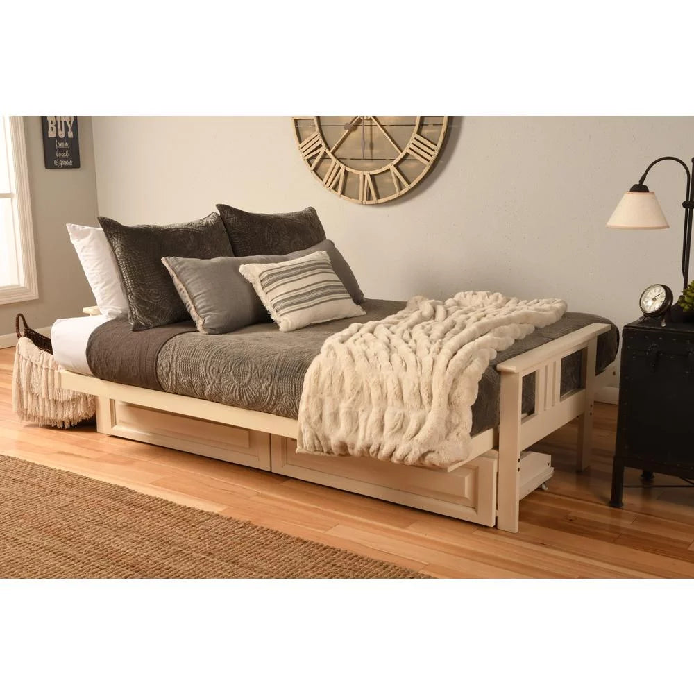 Antique White Wood Futon with Twill Gray Mattress N565