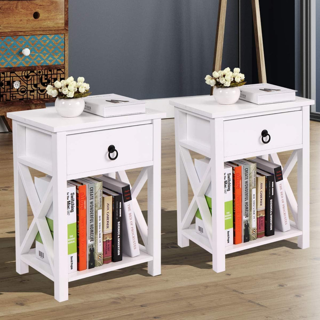 White 2 X-Design Nightstand with Drawer and Shelf I37040