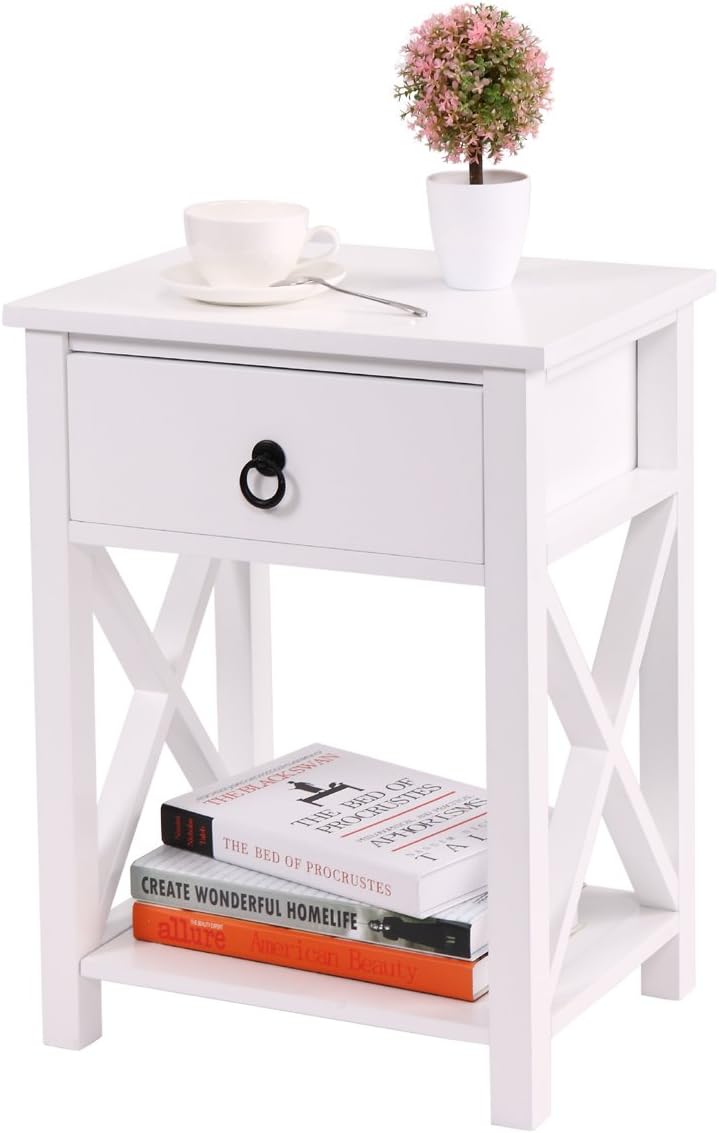White 2 X-Design Nightstand with Drawer and Shelf I37040