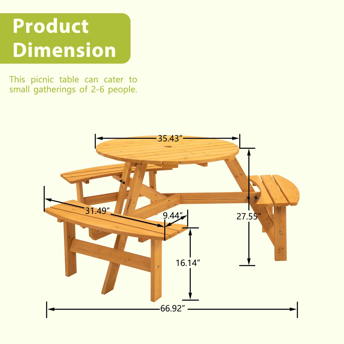 6-Person Circular Wooden Picnic Table with 3 Built-in Benches V97946
