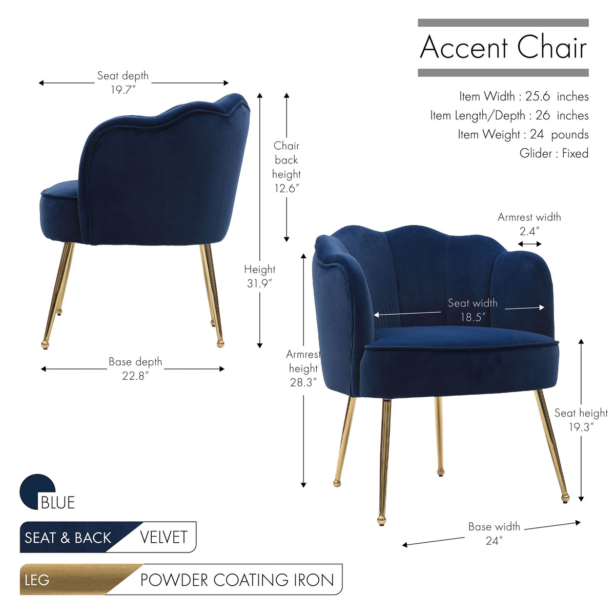 Blue Velvet Accent Chair with Gold Metal Legs R579