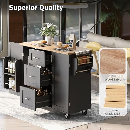 Grey Blue Rolling Kitchen Cart with 3 Drawers and Rubber Wood Top G51753
