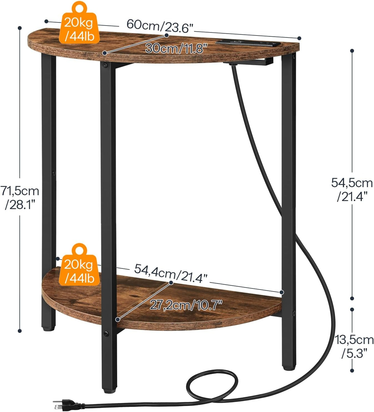 Rustic Brown and Black Half Moon Table with Charging Station Q263