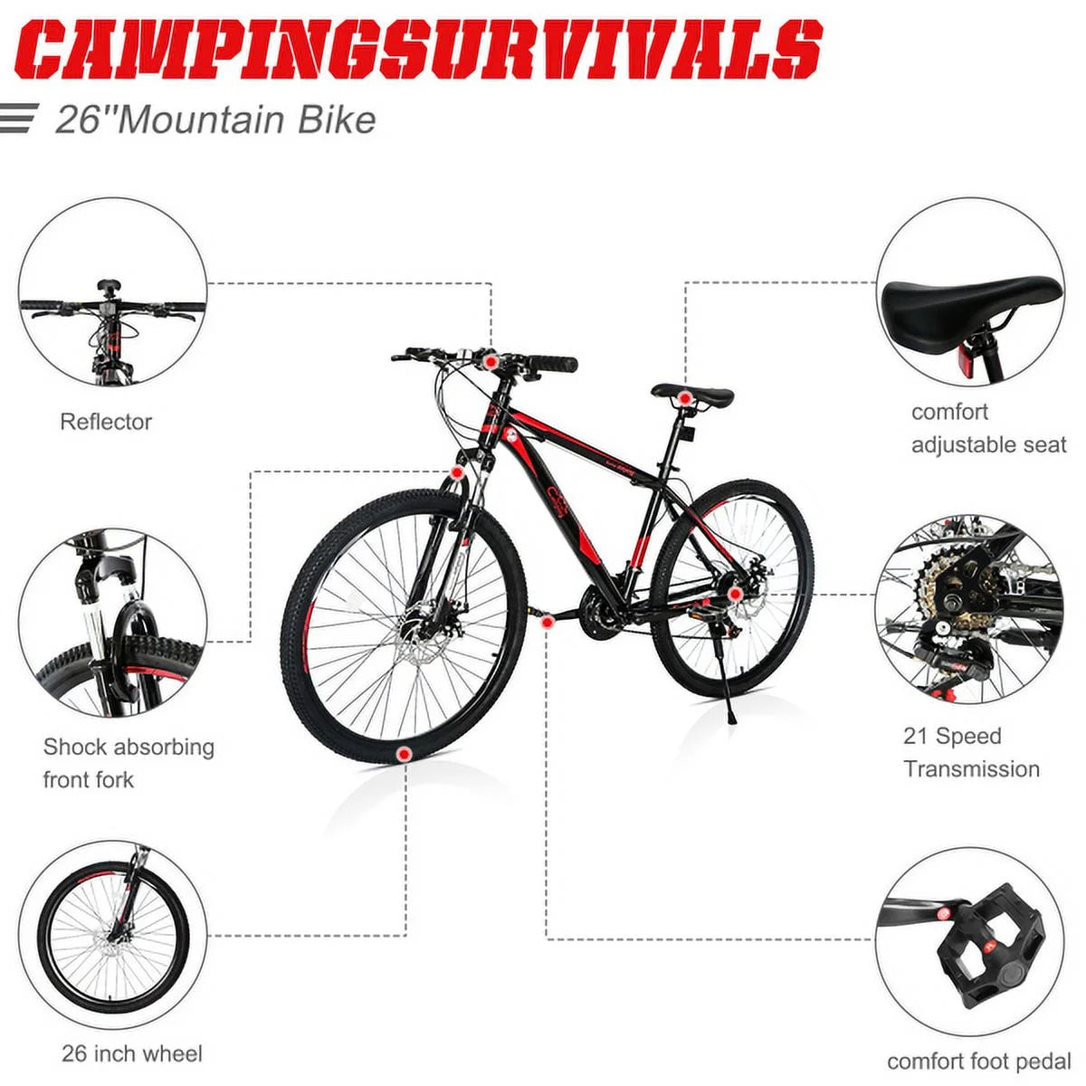 26 Inch 21 Speed Red Black Mountain Bike G8580