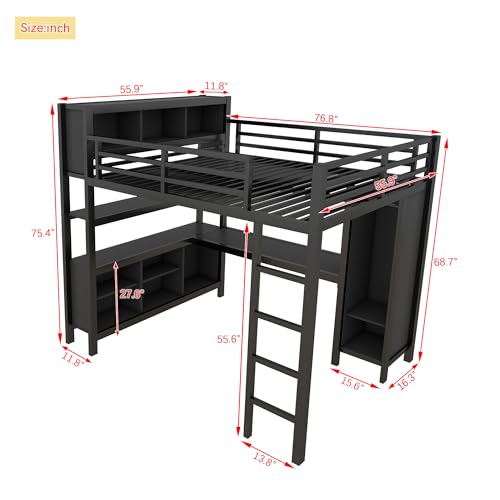 Full Size Black Metal Loft Bed with Wardrobe and Desk U56291
