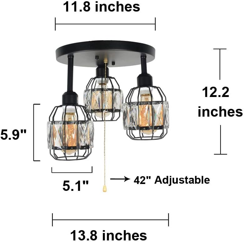 Black Metal Round Semi Flush Mount Ceiling Light with Pull Chain 3 Lights E26 L35696