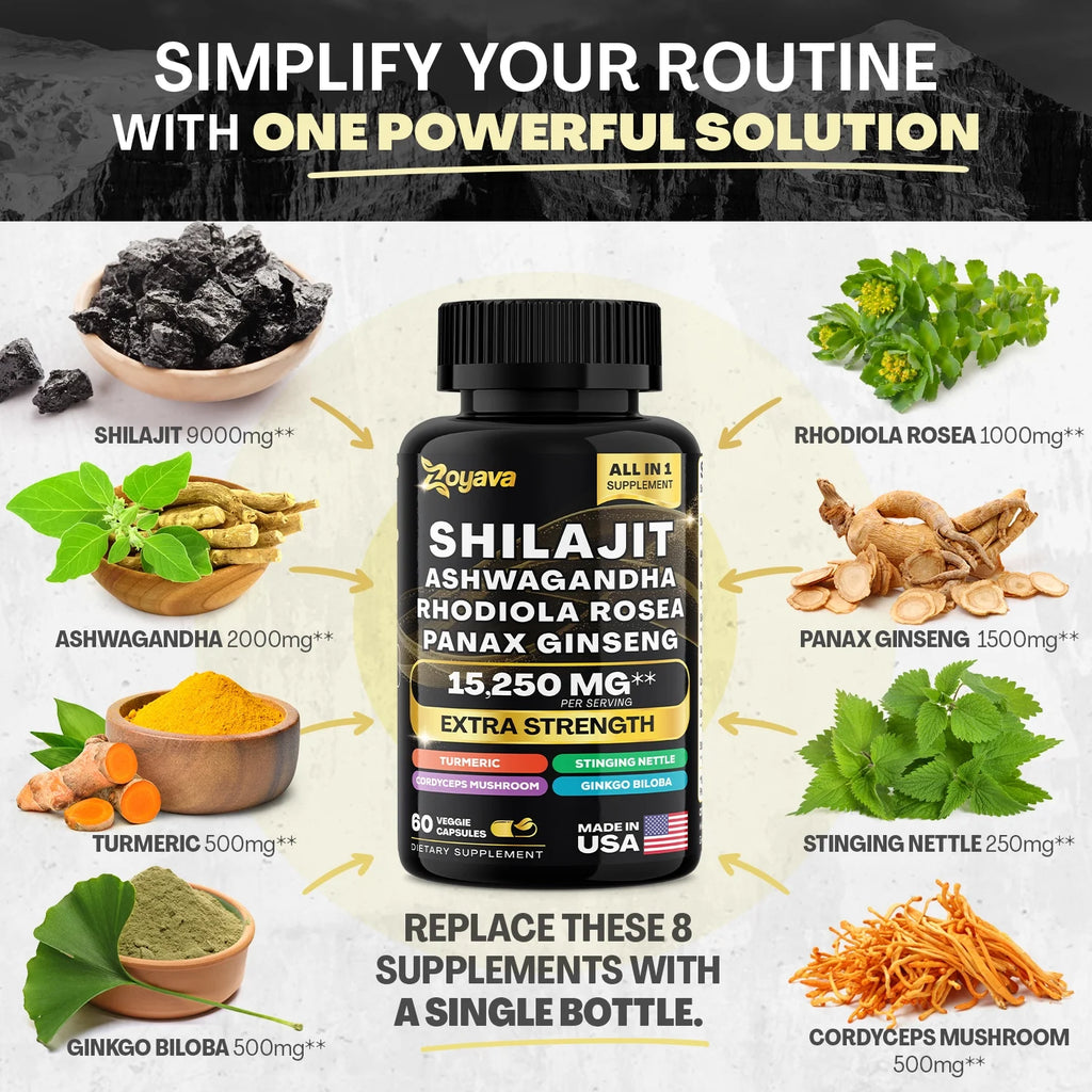 Shilajit Ashwagandha Rhodiola Rosea Panax Ginseng Turmeric Gingko Biloba Stinging Nettle Cordyceps Mushroom P959033