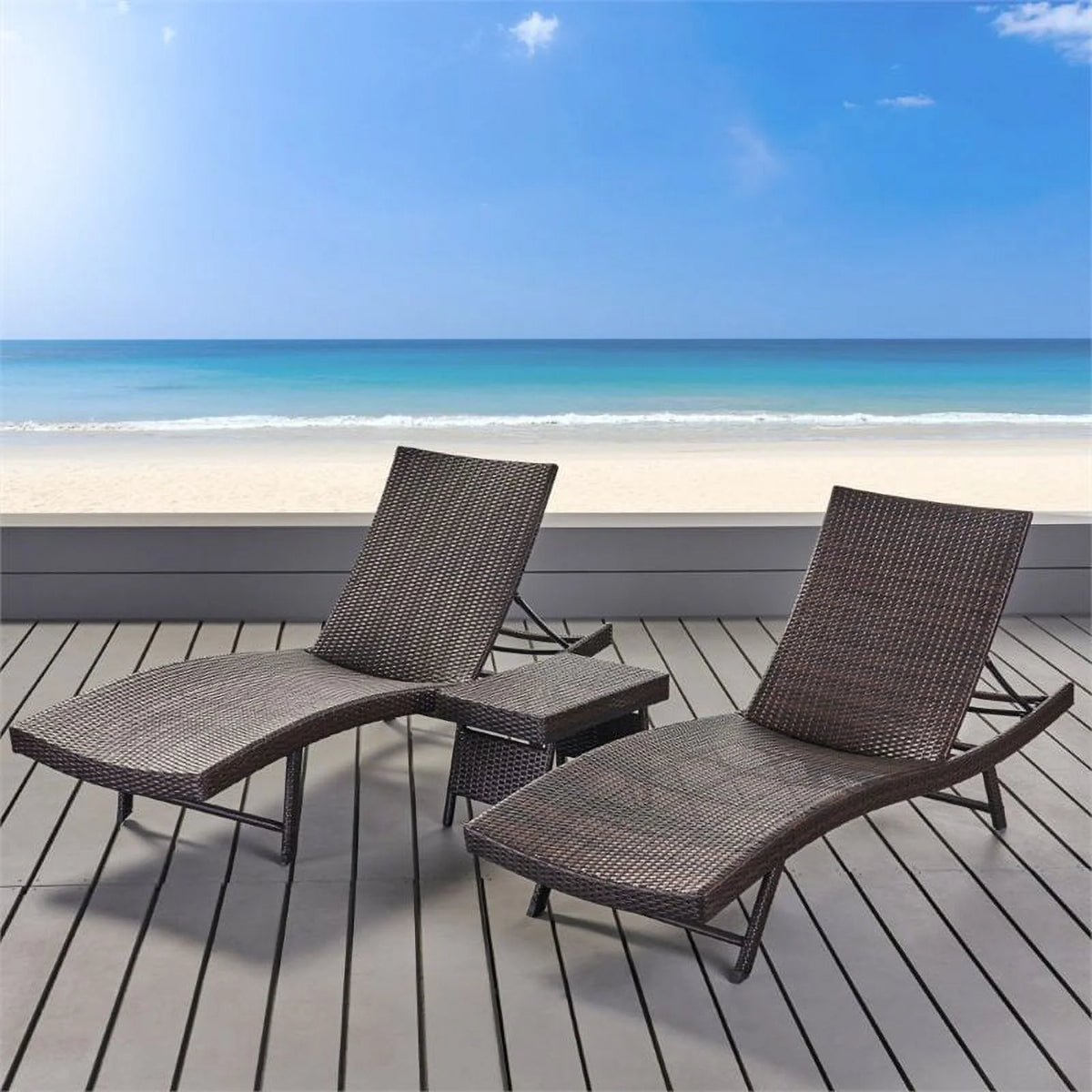 3 Piece Multibrown Outdoor Wicker Chaise Lounge Set E912203