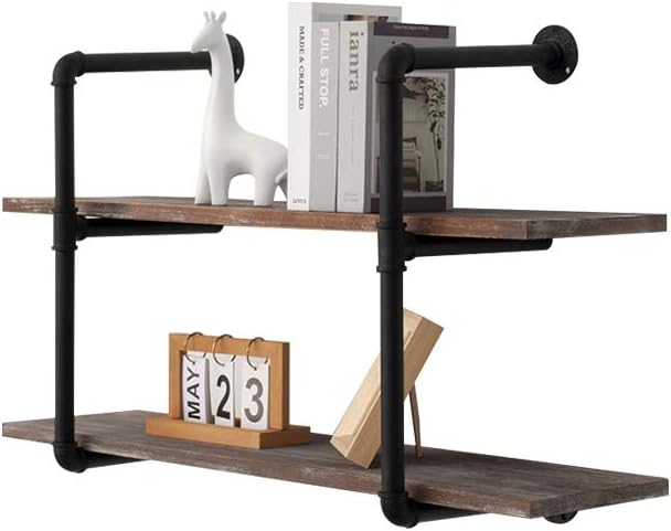 Industrial Pipe Bookcase Shelf Retro Floating Wood Shelving, Weatherd Brown Z26169