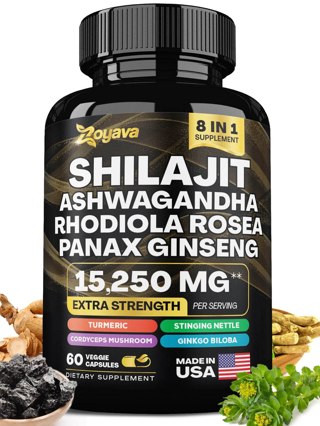 Shilajit Ashwagandha Rhodiola Rosea Panax Ginseng Turmeric Gingko Biloba Stinging Nettle Cordyceps Mushroom P959033