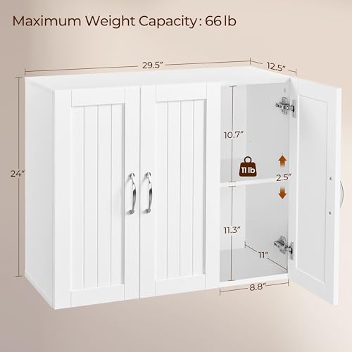 White Bathroom Wall Cabinet with Three Doors and Adjustable Shelf E662869